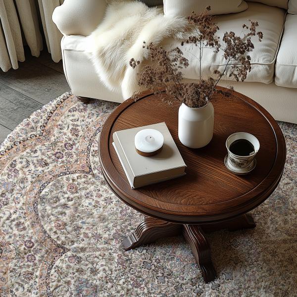 Gros plan d'un salon classique avec une table d'appoint ronde sur un tapis floral.